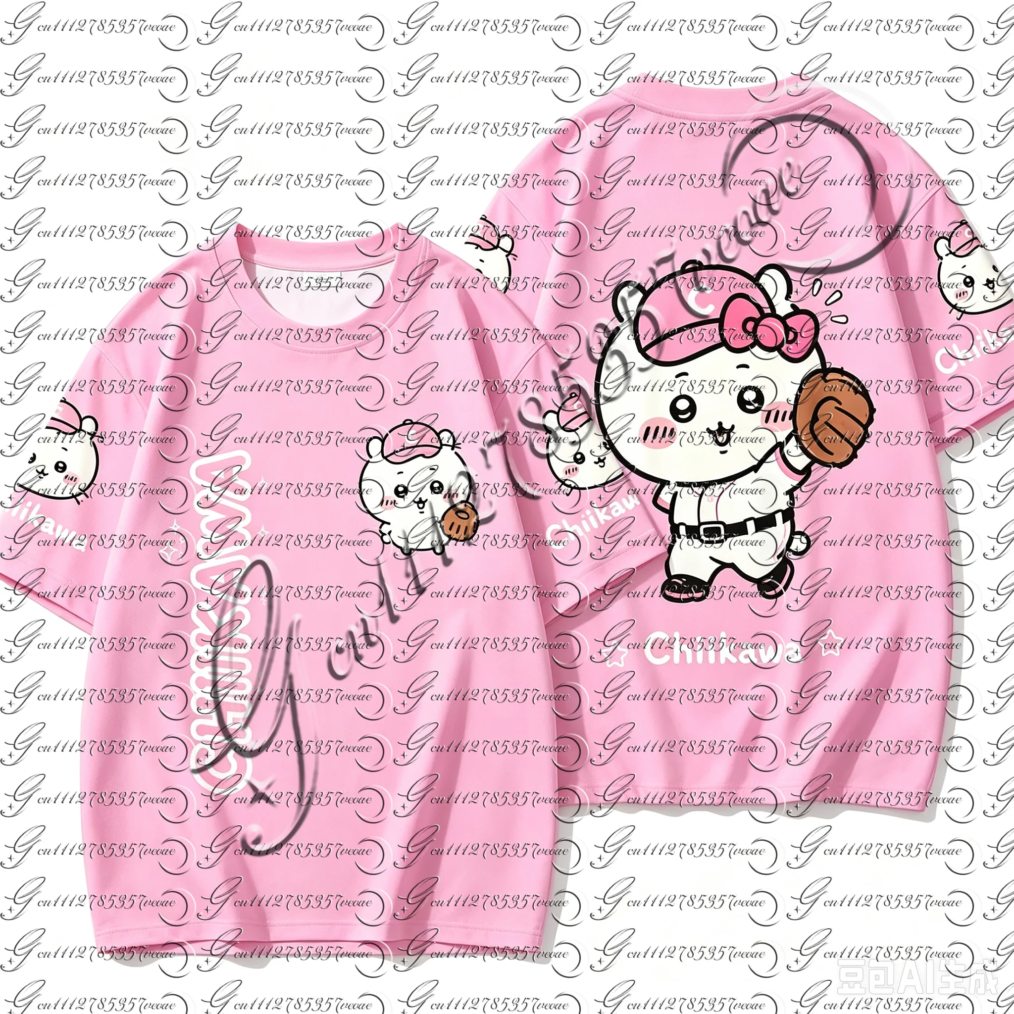 Chiikawa Kawaii Cartoon Baseball Style T‑Shirt Front Back Print Short Sleeve Unisex Loose Baseball Jacket Casual FamilyMatching view 2