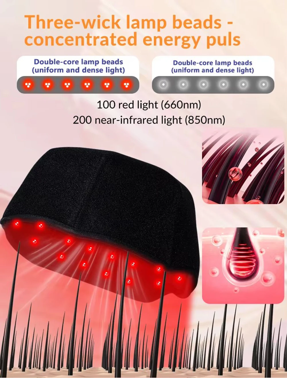 300 Stück Strahlentherapie-Haarkappe 650nm 850nm Rotlicht Nahinfrarot 100 LED-Licht-Hut gegen Haarausfall Entspannende Kopfhautmassage-Gerät – Detail 4