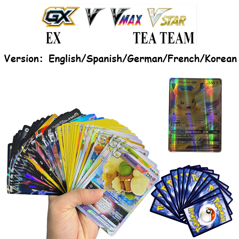 جديد 54-200 قطعة بطاقات البوكيمون PTCG الثلاثية الأبعاد أنيمي أرواق لعب VMAX GX V VSTAR Ex الإنجليزية/الكورية/الفرنسية/الإسبانية/الألمانية الاطفال هدية