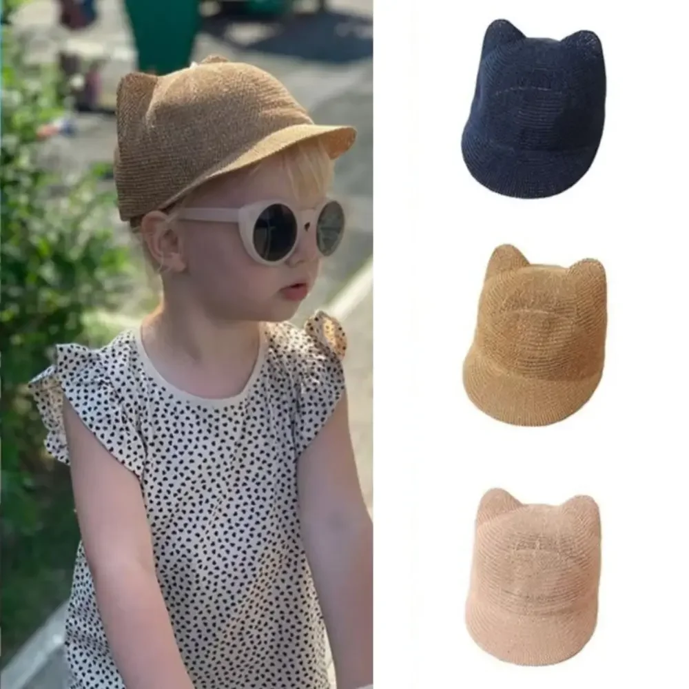 

Kawaii Cute Cat Ear Baby Straw Hat 2-5Year Toddler Beach Cap Sunscreen Visors Hollow Breathable Children Duck Tongue Hats Kids