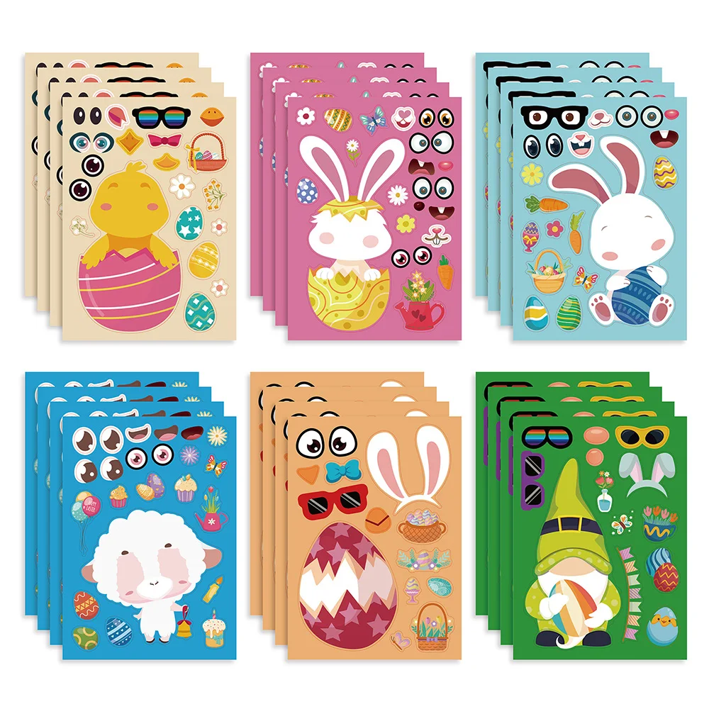 6/12Sheets Easter DIY Kids Stickers Puzzle Games Cartoon Animals  Sticker Educational Toy Make A Face Assemble Jigsaw Boys Girls