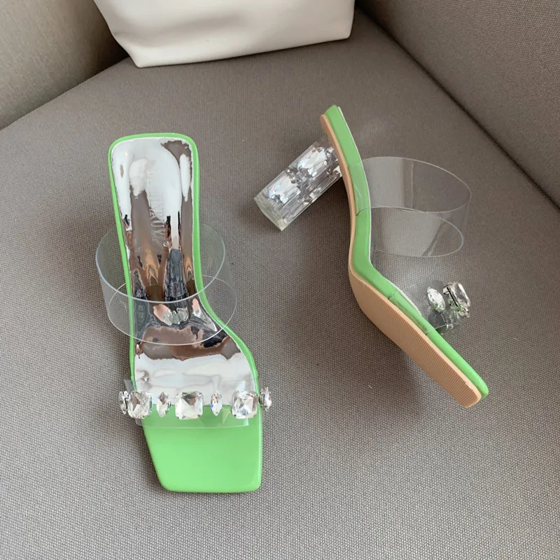 

2023 New Jelly Clear Rhinester Heels Summer women's Slippers Going Out dress PVC Clear wedding party dating mule pump shoes