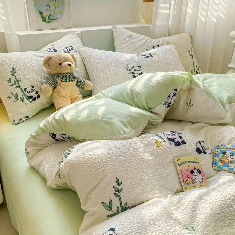 

Cartoon Panda Bamboo Bedding Set Floral Duvet Cover Flat Sheet Pillowcase Twin Full Size Bed Linens Kids Adults Home Textiles