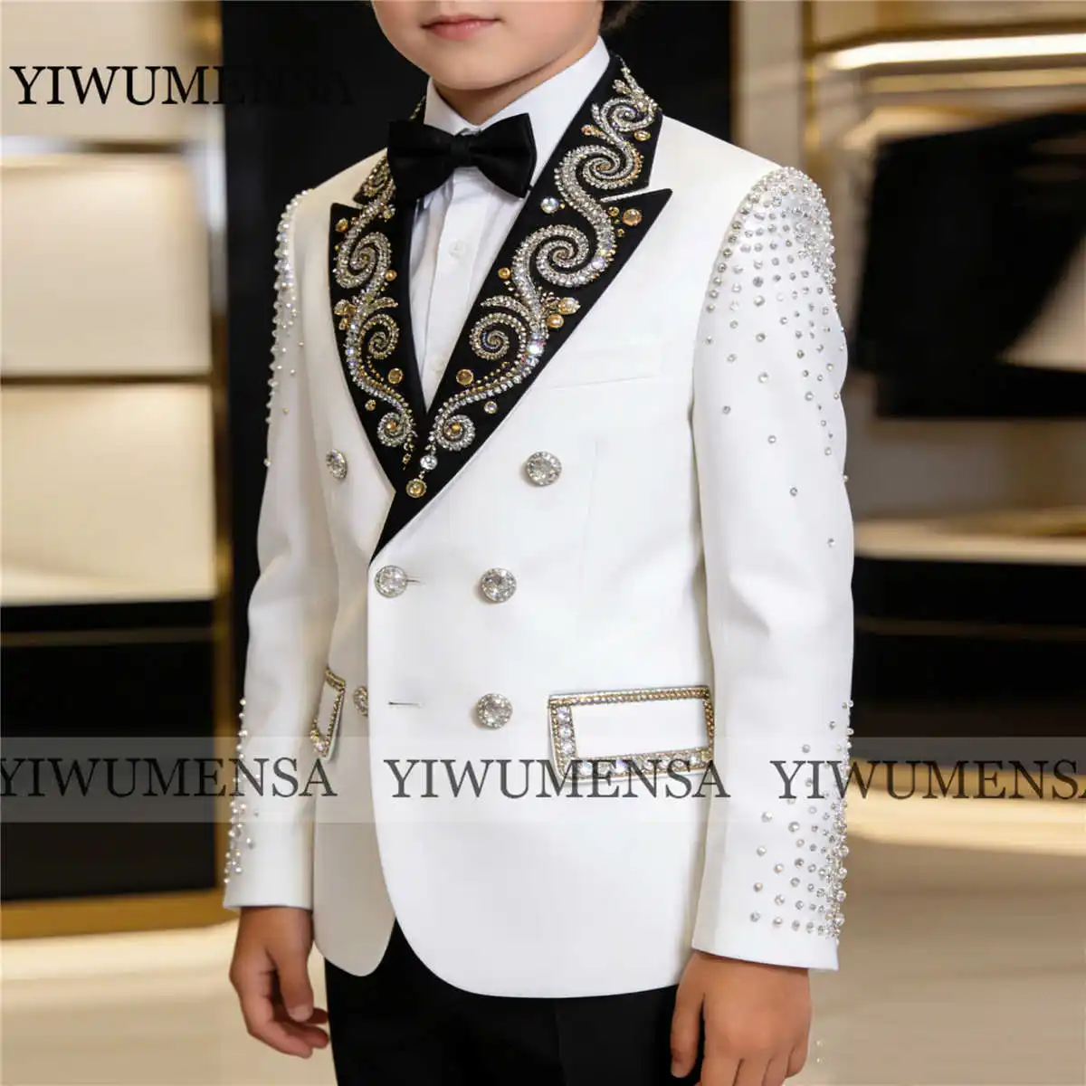 

Brilliant Beading Crystals Boys Suit For Wedding Double Breasted Jacket Trousers 2 Piece Children Tuxedos Customized Kids Outfit