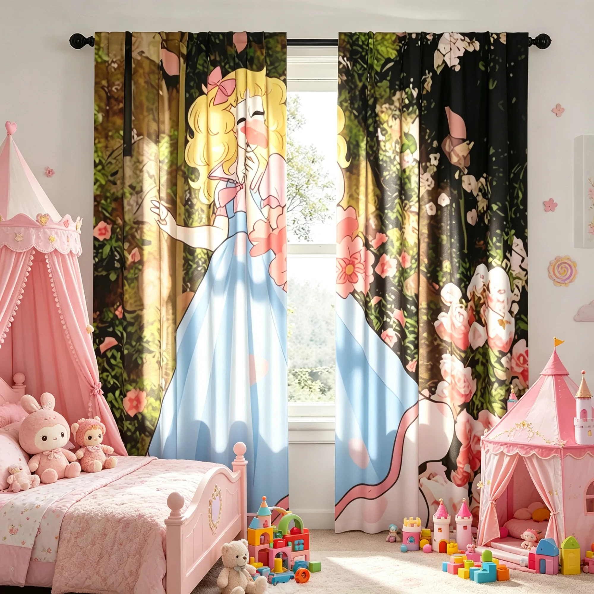 Cute Pink And Blue Metal Ring Top Cartoon Character Curtains for Living Room - Filtered Semi-Transparent Panel Machine Washable