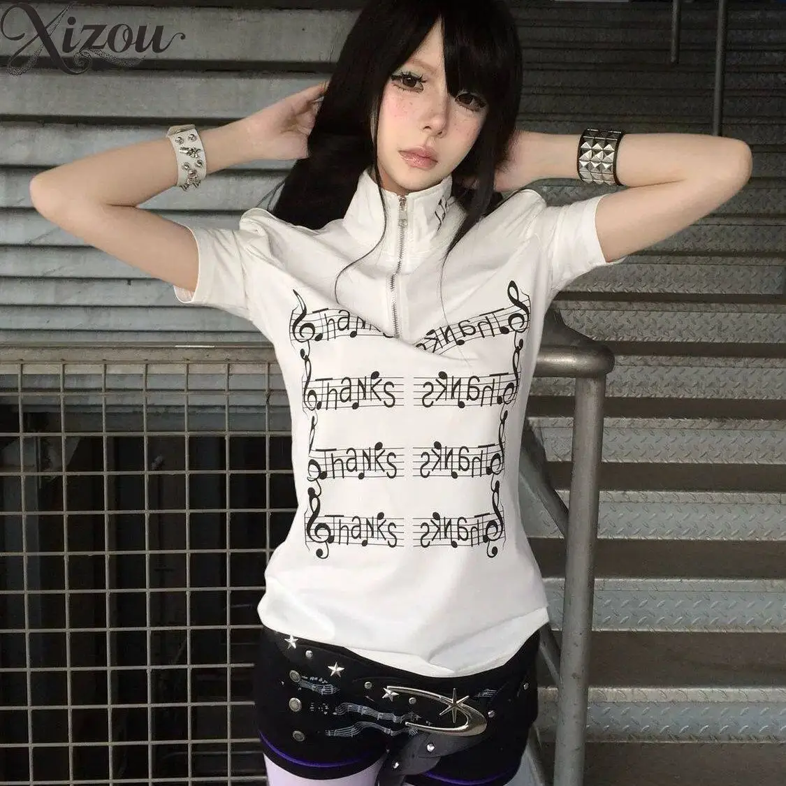 Women White Stand Collar Half Zip Short Sleeve T-Shirt Music Note Letter Print Slim Fit Y2K Vintage Punk Streetwear Summer Top