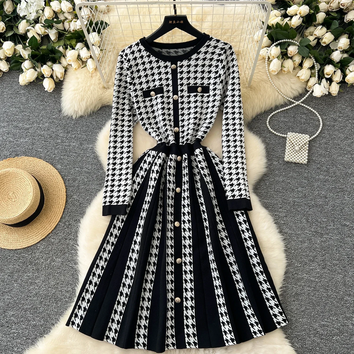 Elegant Patchwork Vintage O-neck Chic Long Sleeve Slim Plaid Metal Buttons Knit Dress Women Korean Evening High Street Clothing