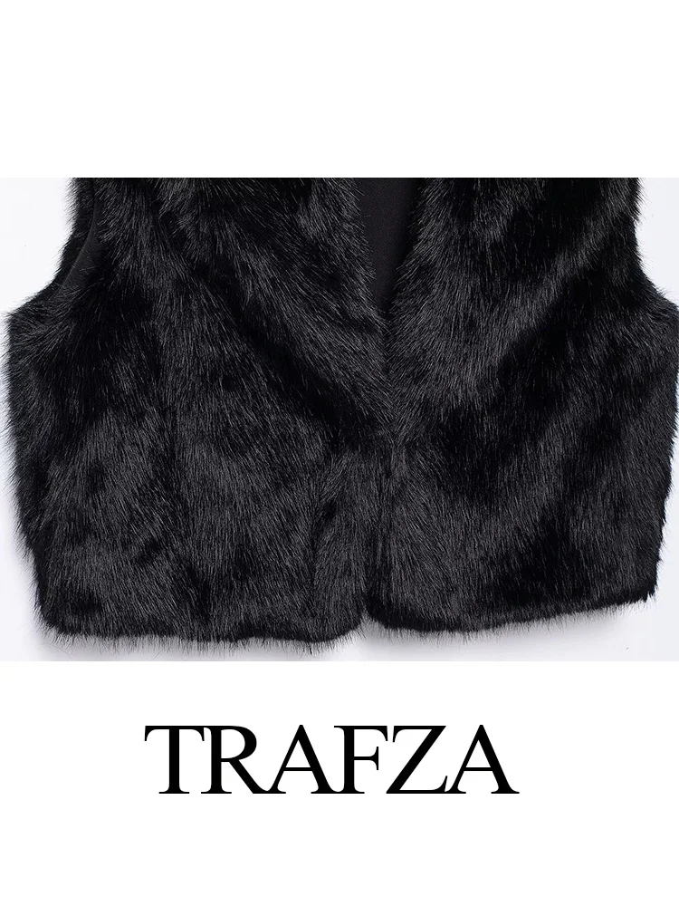 TRAFZA Otoño Invierno Mujer cuello vuelto chaleco sin mangas Top Mujer moda bolsillos laterales piel Artificial chaleco sólido abrigo Mujer