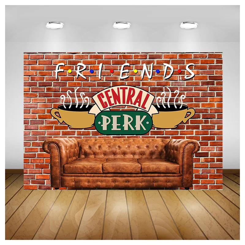 

Friends Central Perk Backdrop Red Brick Wall Retro Pub Sofa and Coffee For 80s 90s Birthday Party Decoration Photoshoot BW-02