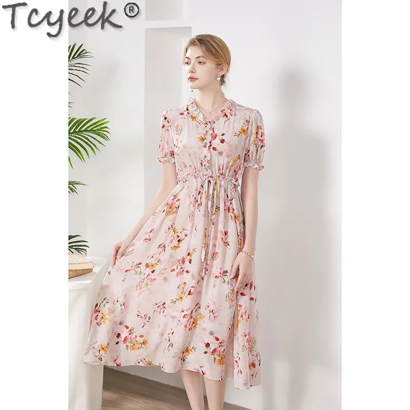 

Tcyeek 100% Mulberry Silk High-end Dresses for Women Summer Clothes Elegant and Pretty Women's Dress French Floral Dress Lace-up