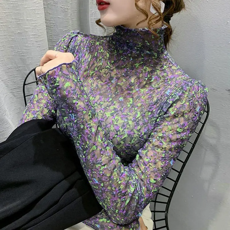 Women's Clothing Winter Thin Pullovers Long Sleeve Turtleneck Temperament Undercoat Fashion Printing Slim Casual Sweet T-Shirts