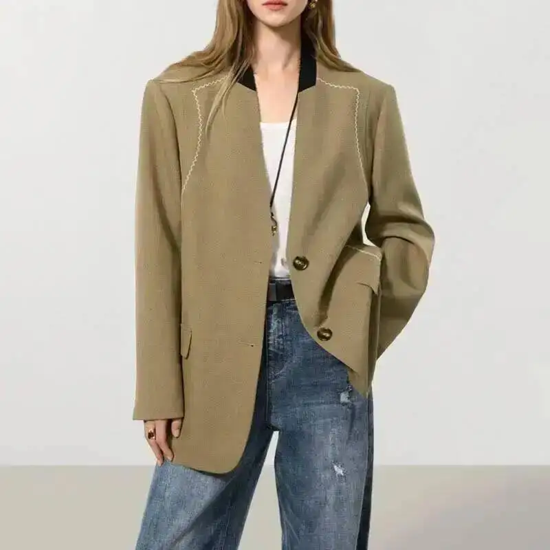 Chaqueta Blazer de Diseño Vintage BJTZ para Mujer, Primavera-Otoño 2025, Nueva, Holgada, Versátil, para Oficina, Abrigo Femenino