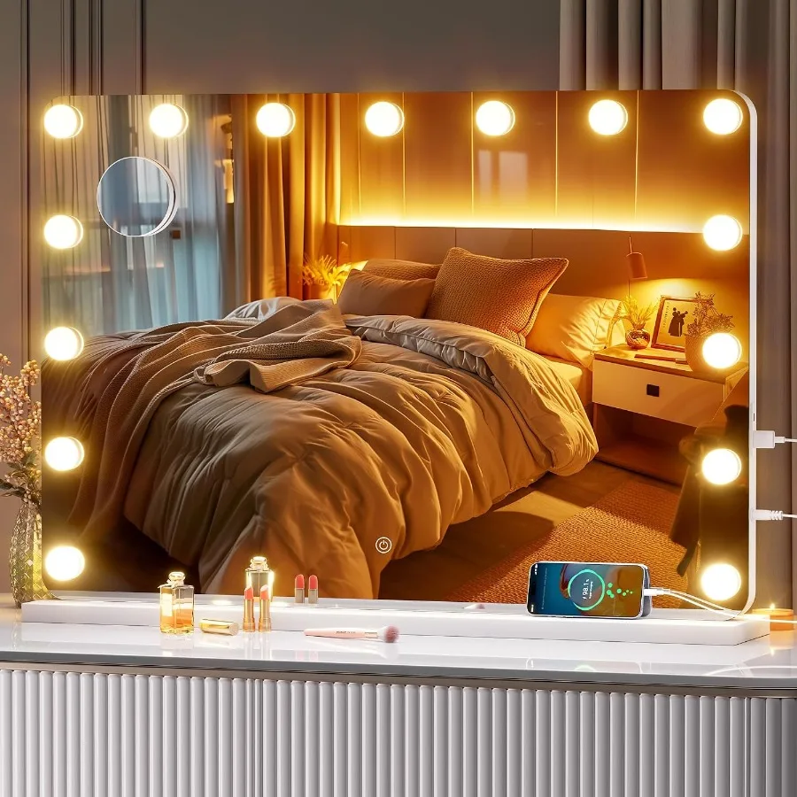 28 x20 Hollywood Vanity Mirror with Lights - Makeup Mirror with 14 LED Bulbs, 3 Color Modes, Touch Control, USB/Type-C Charging