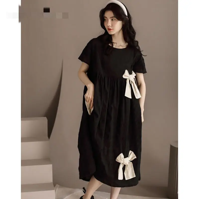 Fashion O-Neck Loose Folds Spliced Bow Casual Dresses Female Clothing 2024 Summer New Oversized Sweet Short Sleeve Midi Dress