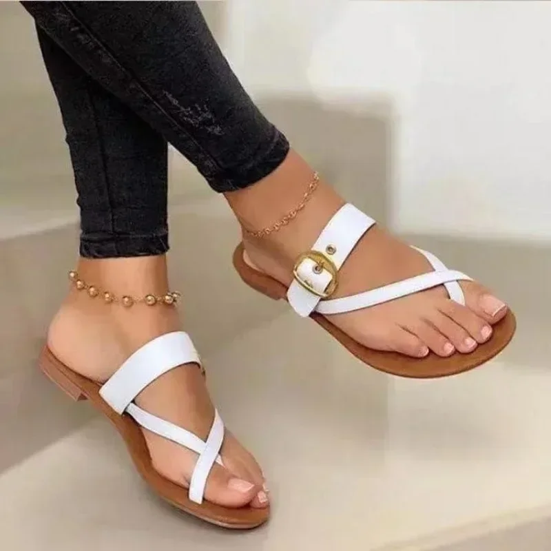 Zapatillas de mujer, Sandalias planas con Clip dedos, zapatos de verano atados en T para mujer, chanclas informales de playa para mujer, calzado de cuero PU a la moda para mujer