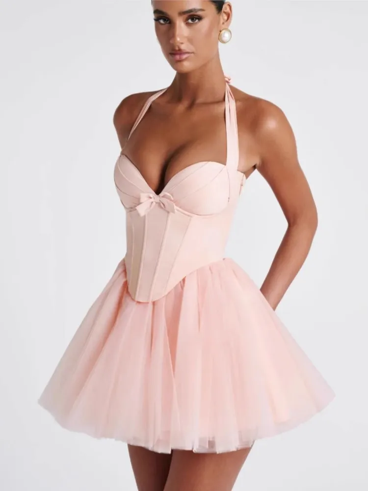 

2025 Halter Neck Dress Leace-up Vestidos Solid Color Dresses 2025 Woman Vestido Femininos Party Prom Fresh And Sweet Elegant