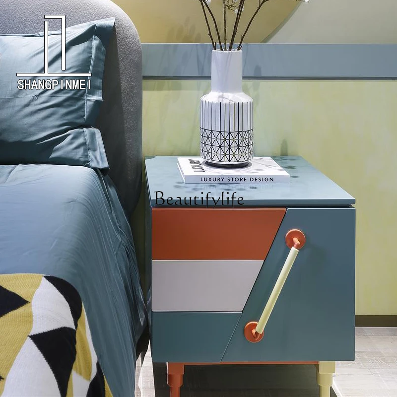 -*Simple modern light luxury bedside table solid wood paint bedroom storage cabinet