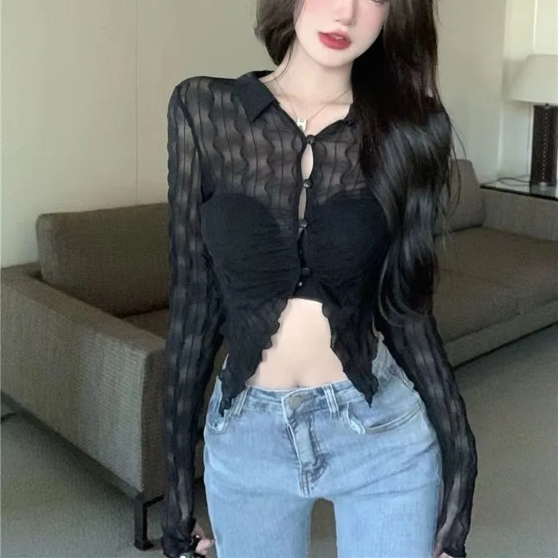 Sexy Hot Girl Irregular Hollow-out Shirt 2023 New Women Short T-shirt Design Sense Fashion Casual Thin Long Sleeve Slim Fit Top