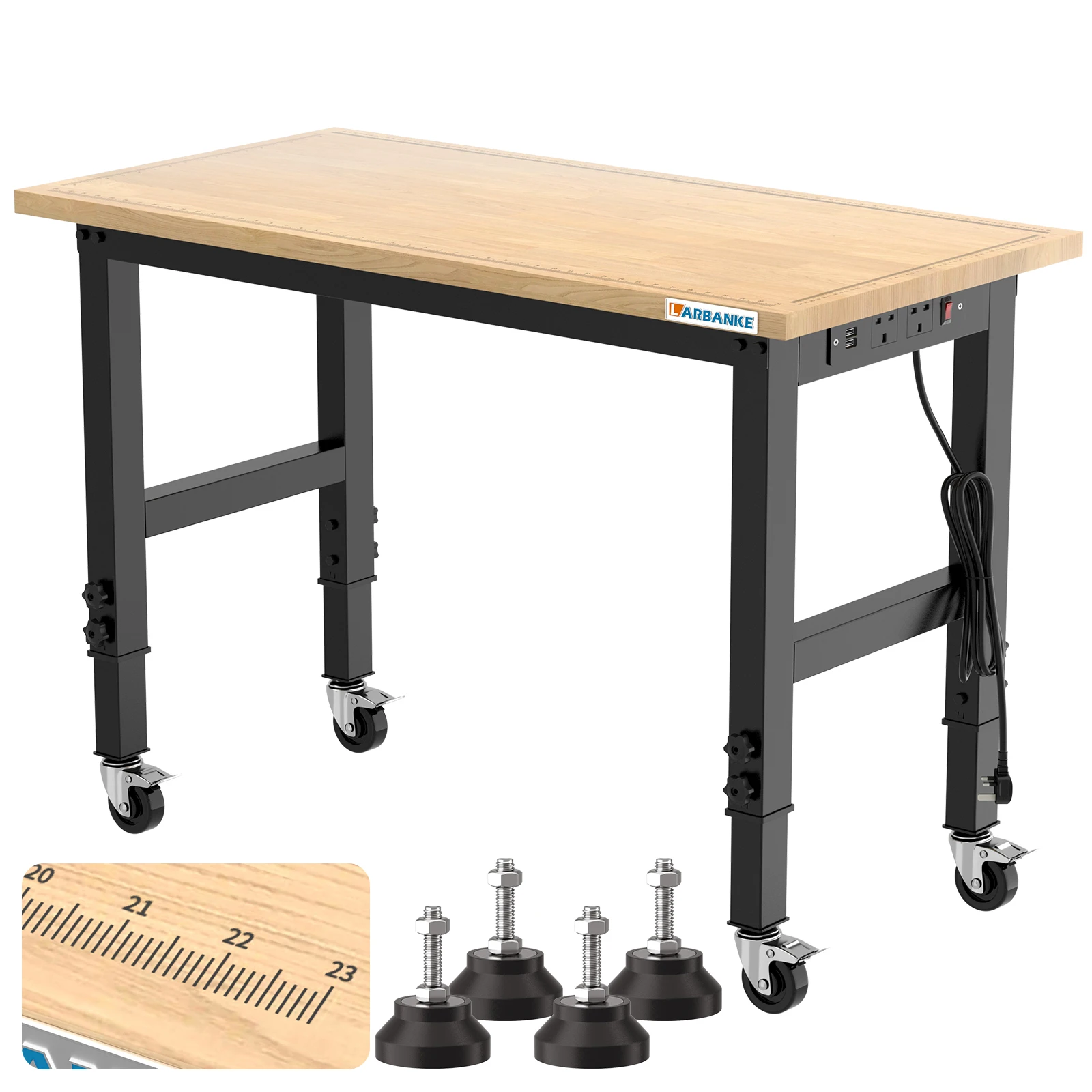 Banco de trabajo ajustable de 48 "con ruedas, mesa de trabajo de madera de goma resistente con tomas de corriente, básculas de precisión y almohadillas para los pies