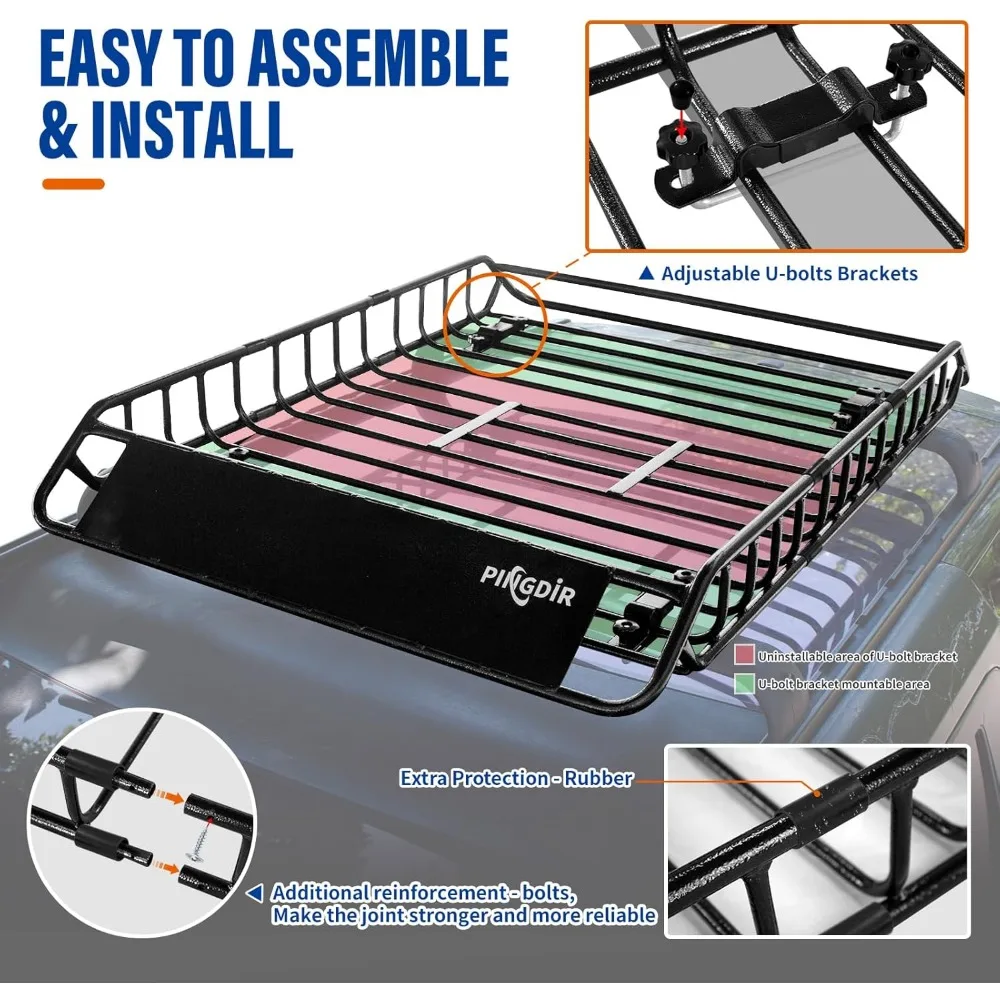 Panier de galerie de toit 51" X 36" X 5" Porte-bagages de toit universel, sac de chargement étanche 44 * 35 * 16", filet de chargement avec fixation