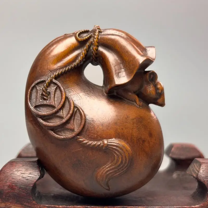 59mm Boxwood Carved Rat Mouse on Money Bag Statue Chinese Zodiac Rat With Ancient CoinsWealth Lucky Figurine