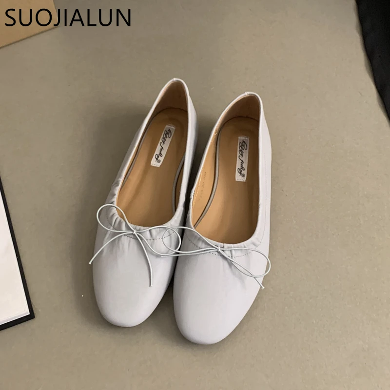 SUOJIALUN 2024 Spring New Women Flat Fashion Round Toe Bow-knot Slip On Ballerinas Shoes Soft Flat Ladies Casual Dress Ballet Sh