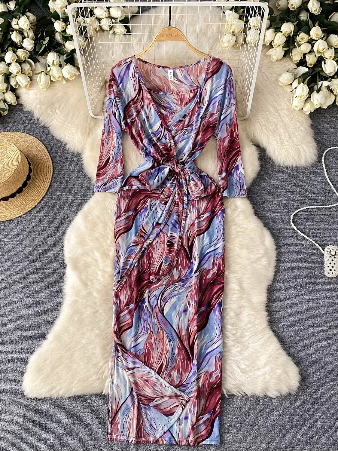 

Foamlina Women 2 Pieces Dress Set Retro Printed Mini Suspender Dress and V Neck Half Sleeve Sash Lace-up Wrap Long Dress Suits