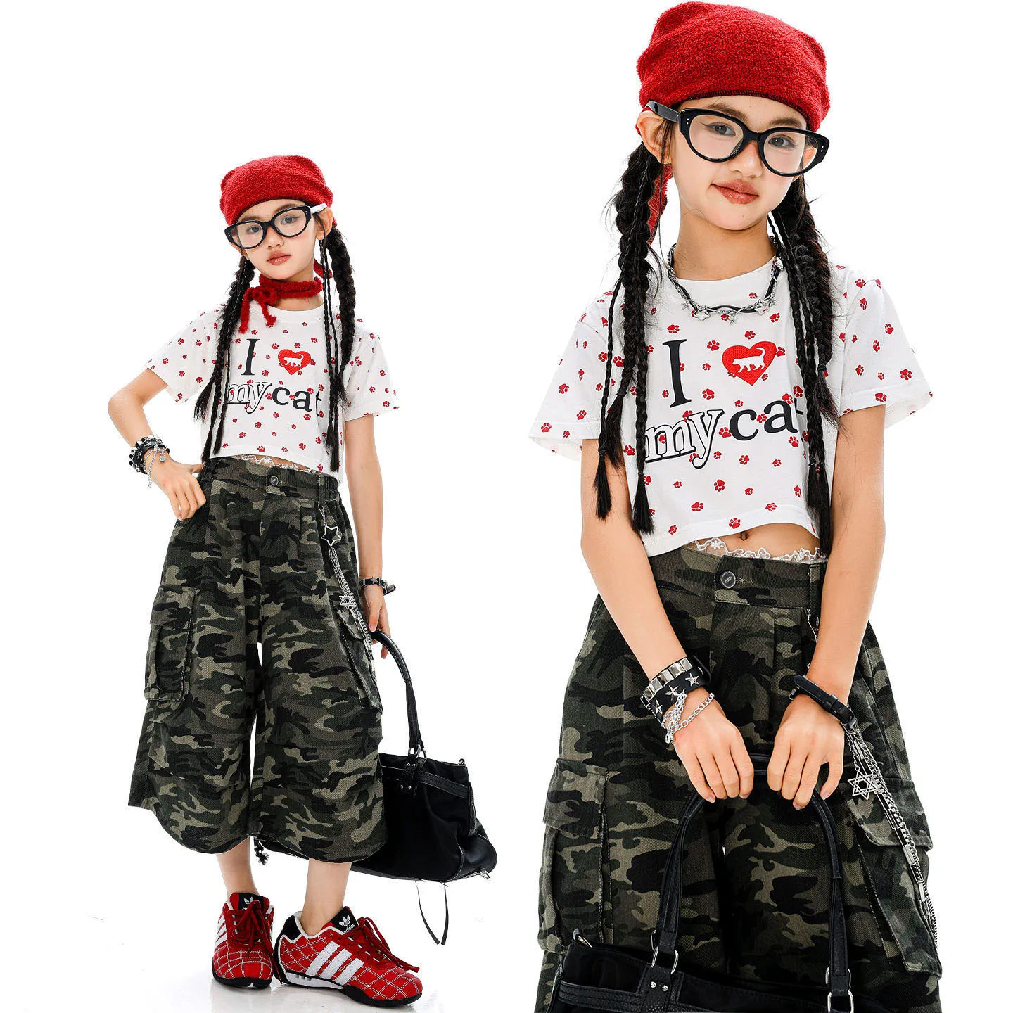 

Kid Kpop Hip Hop Clothing White Crop T Shirt Top Camo Parachute Cargo Shorts Middle Pants for Girls Jazz Dance Costumes Clothes