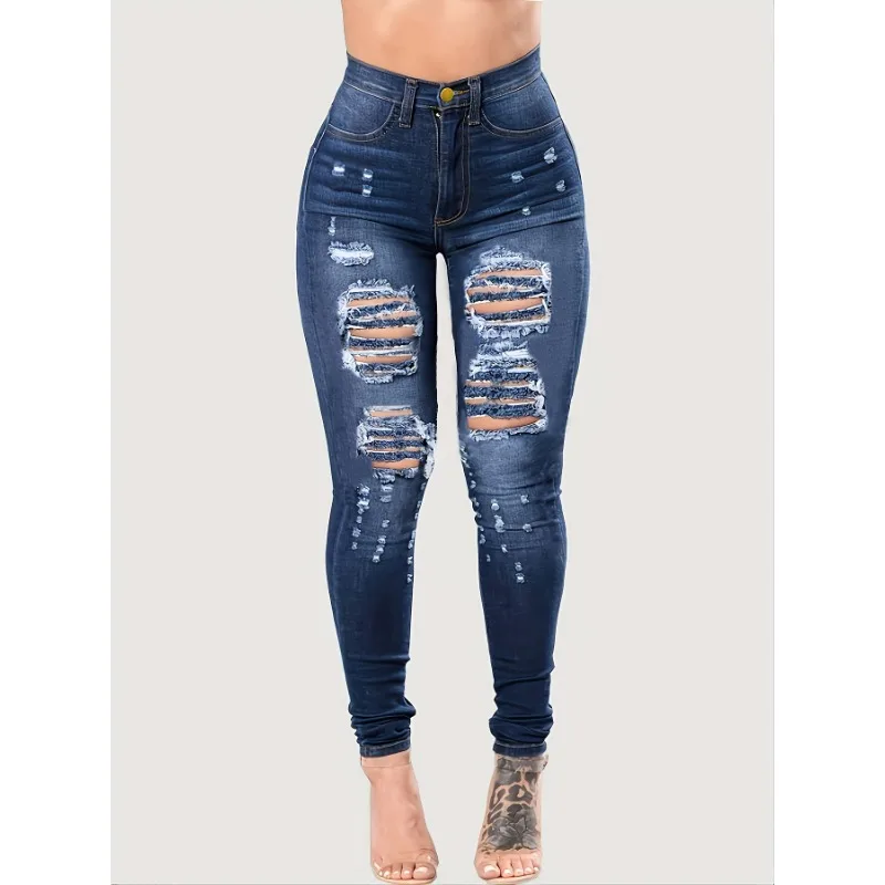 Biru dongker celana Jin kaki kurus wanita, pakaian Denim kurus sobek berlubang, Jeans biru Denim untuk wanita