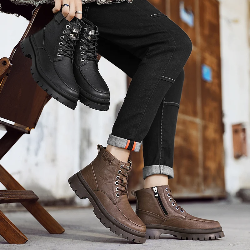 Men Martensboots Boots Genuine Leather Botas Ankle Mujer Casual Drmotorcycle Shoes Warm Fur Winter Zapatos Mujer Yellow Line 46