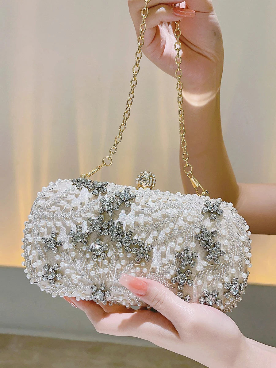 Faux Pearl & Diamond Kiss Lock Clutch Bag, Party Bag, Metal Chain Cocktail Handbag