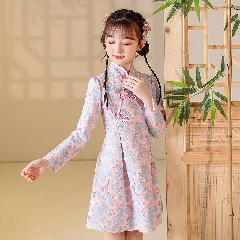 Dress Children'S Girl Cheongsam Autumn 2023 New Princess Long Sleeve Turtleneck Hanfu Embroidery Feather Pattern Kids Clothes