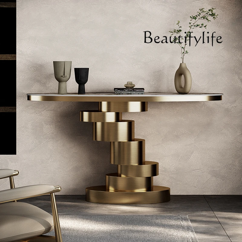 Italian Affordable Luxury Style Console Hall Console Tables Stainless Steel Stone Plate Side View Storage Rack