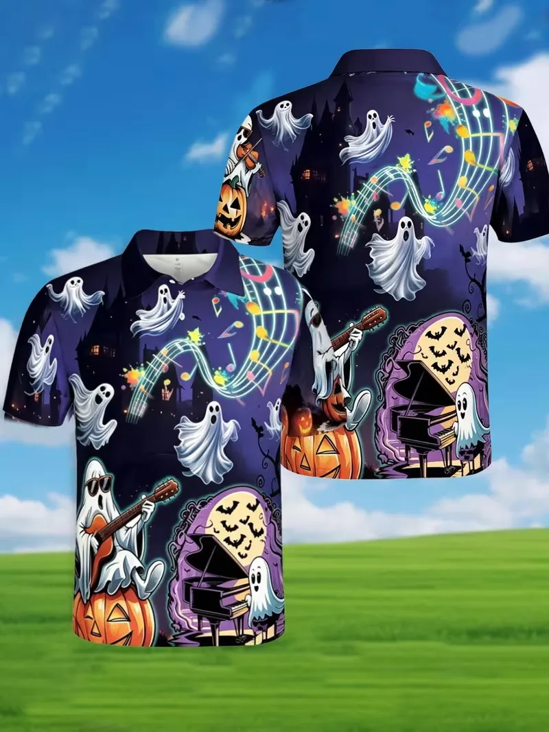 Halloween Colorful Pumpkin Polo Shirt for men women Jack‑O‑Lantern Maple Leaf Mushroom Print Short Sleeve golf polo Shirt