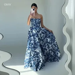 TAFN Navy Blue Printing Prom Gown Strapless Floor-Length Evening Dresses A-line Draped vestidos de festa Custom Made