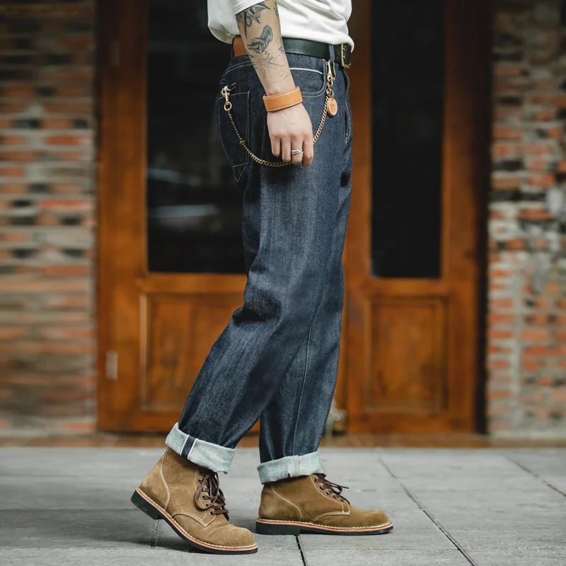 Maden Men's Autumn Winter Pants Vintage Denim Red Ear Original Cow Straight Tube Jeans Cattle Raising Long Pants