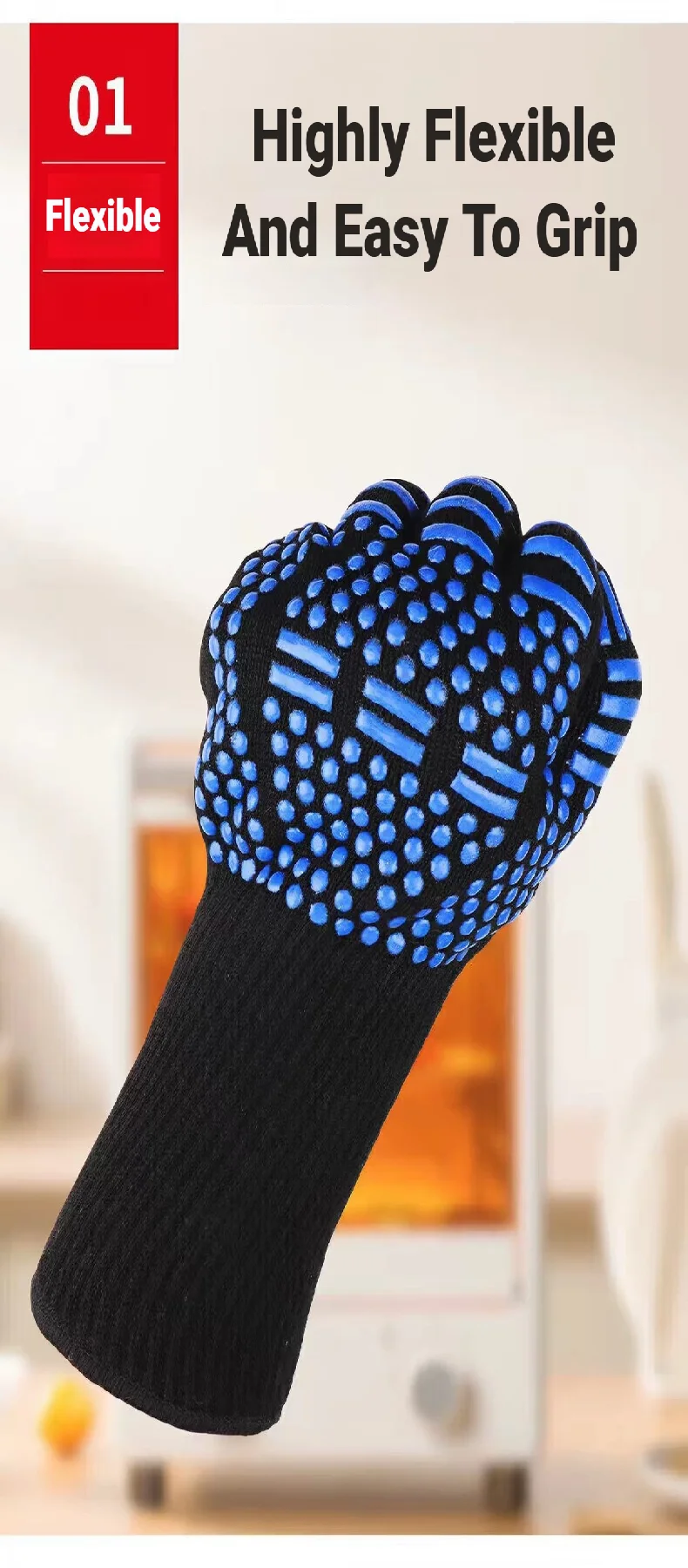 BBQ-Handschuhe, hohe Temperaturbeständigkeit, 500–800 Grad, feuerfest, hitzebeständig, Mikrowellen-Ofenhandschuhe. – Detail 4