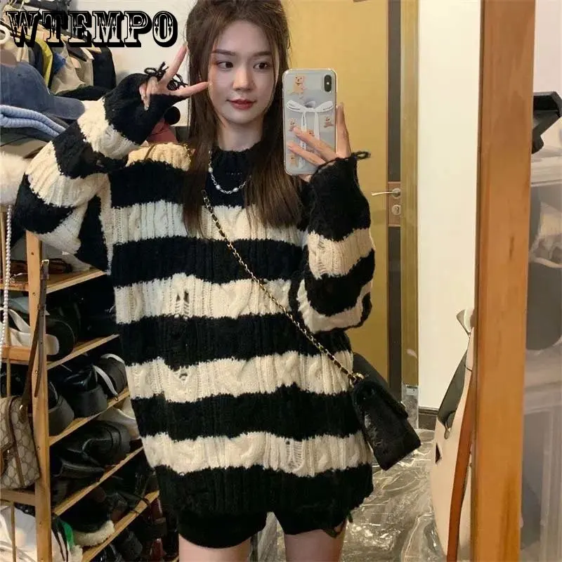 Striped Loose Sweater Gothic Women\'s Irregular Ripped Twist Pullover Mid-length Top Crew Neck Long Sleeve Knit Pullover Sweater