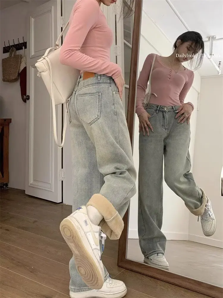 Fleece Lined Light Wash Denim Jeans Women's Autumn Winter Thick Wide Leg Straight Cut Slimming High Waist Skinny Jeans