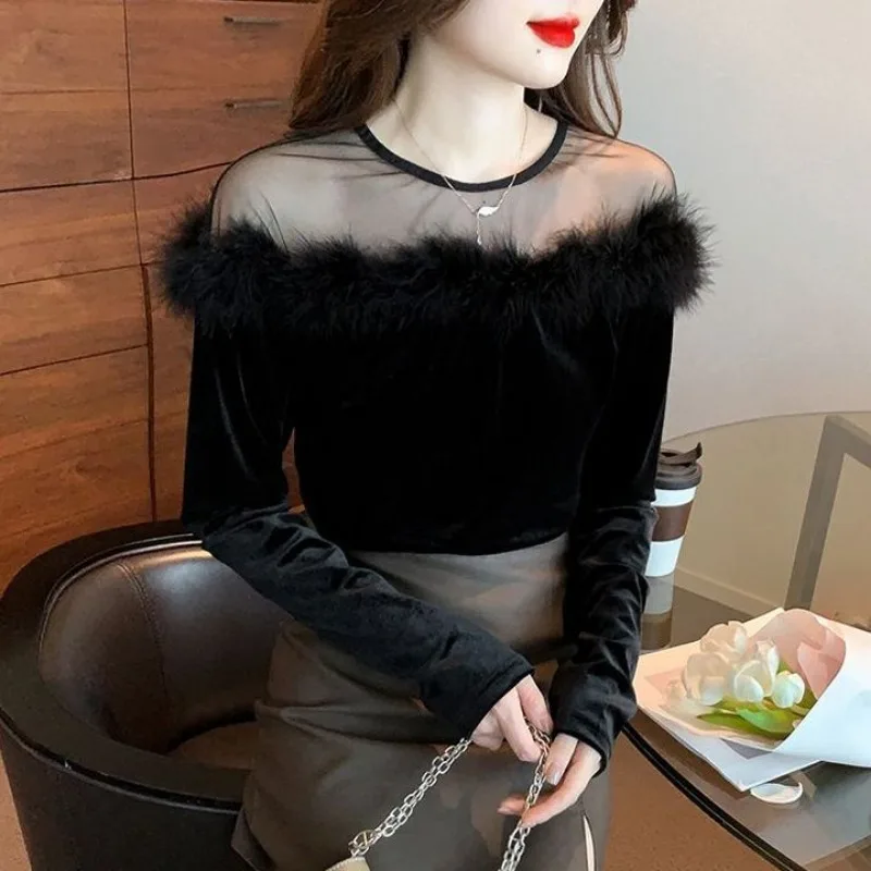 Sexy Mesh Perspective T-shirts for Women Fluffy Velour Black Tops Vintage Temperament Long Sleeve Tshirt Mujer Spliced Tees New