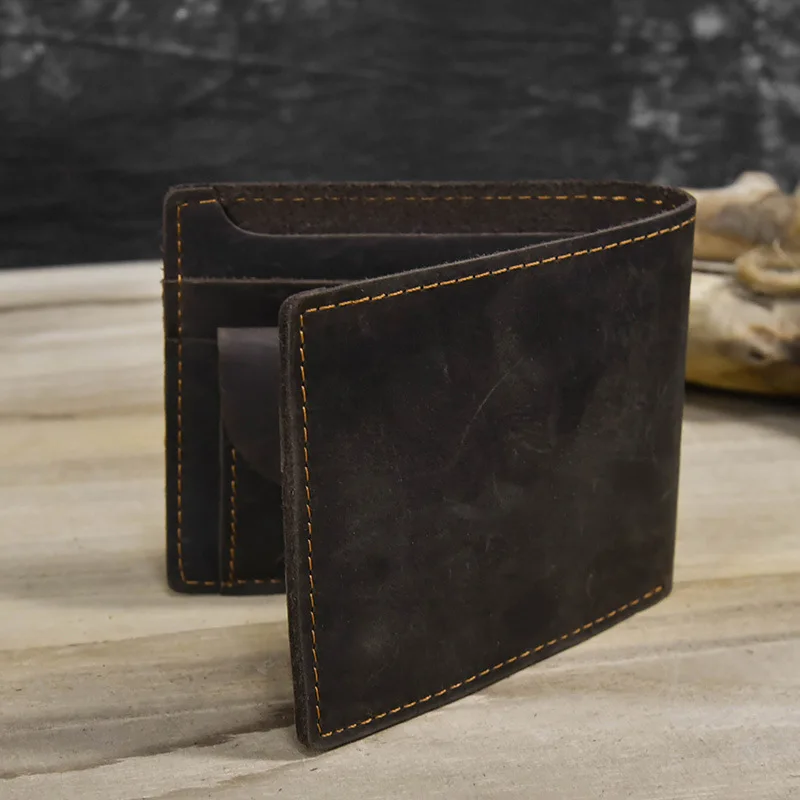Retro Genuine Leather Men Short Wallet Leather Two Fold Horizontal Card Holder Personalized Zero Coin Wallet Custom Name