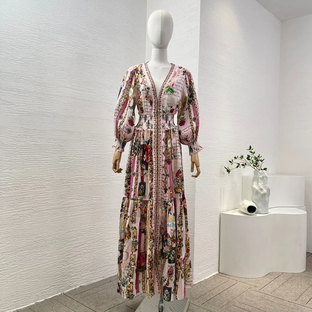 Linen Silk High Quality 2024 Summer Vintage Styles Pink Rose Floral Print Diamonds Pressed 3/4 Sleeve Deep V-Neck Midi Dress