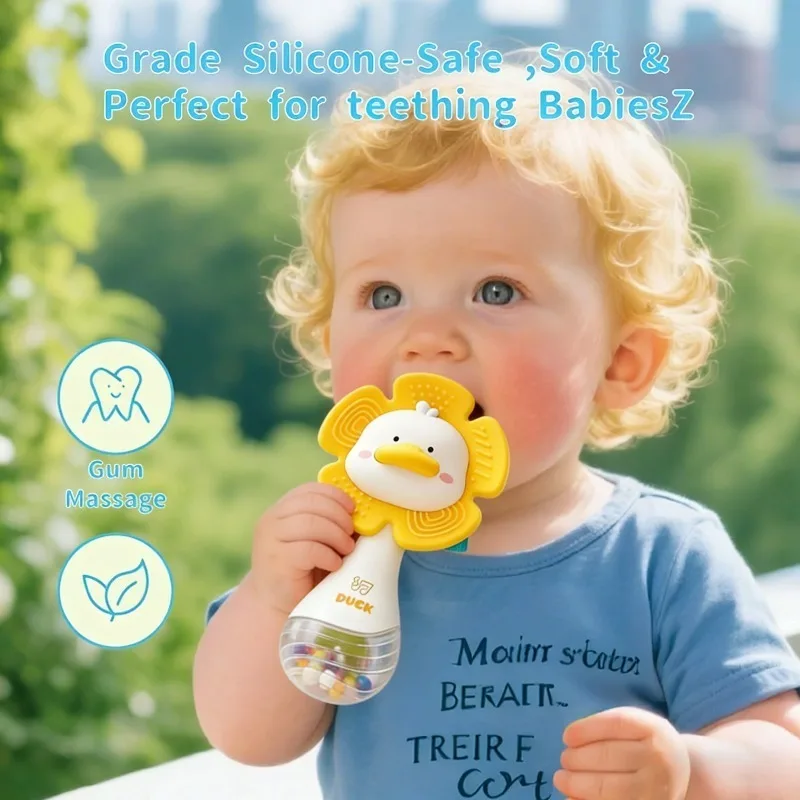 Zabawka dla niemowląt, grzechotka, miękka guma spożywcza, uspokajający patyczek, gryzak, uchwyt do trzymania, bębenik, uroczy kaczyk, ćwiczenie zdolności chwytania