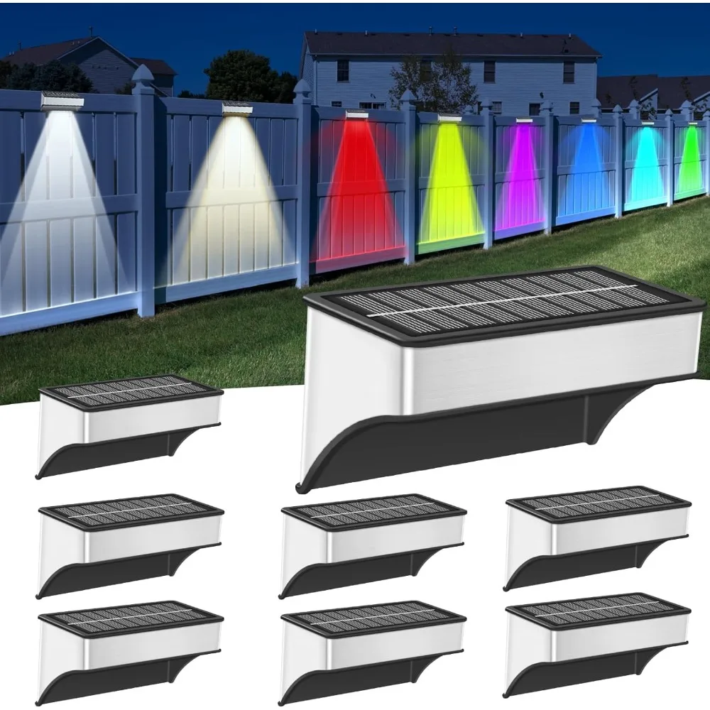 

Solar Fence Lights Outdoor 8 Pack, LED Step Lights with 9 Lighting Options, Stainless Steel & IP65 Waterproof, Dusk to Dawn, Sol