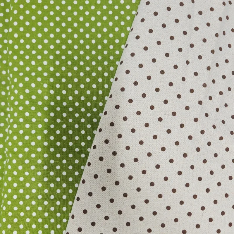 Linen and Cotton Blend Fabric with Brown Polka Dots and Grid for Handmade Crafts,140x50cm