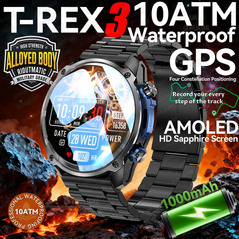 T-Rex 3 Ultra Smart Watch Build-in GPS AMOLED Screen Bluetooth Call Heart Rate Compass 10ATM Waterproof Swimming Smartwatch Men