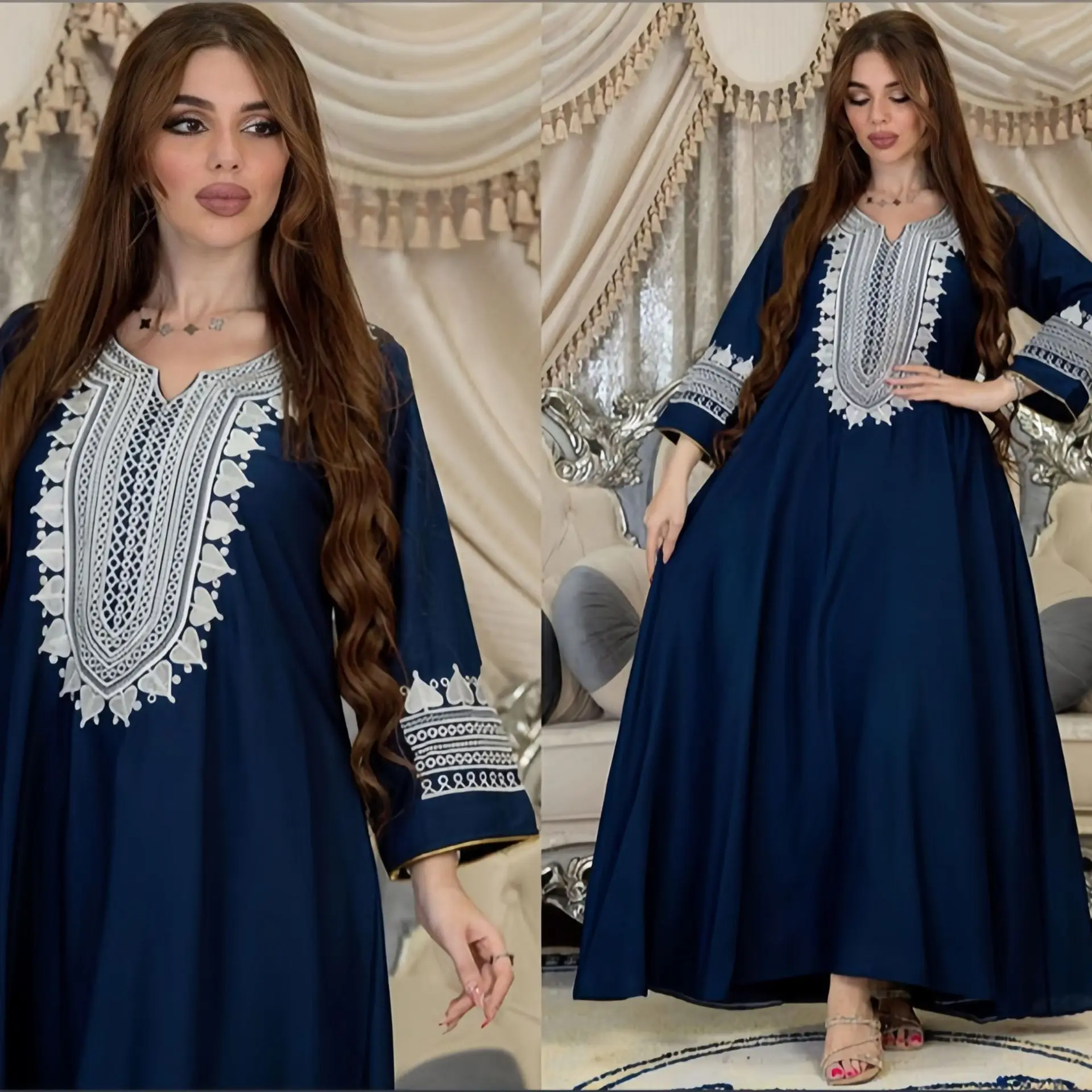 MT064 Muslim Women's New Line Dress Dubai Embroidered Robe