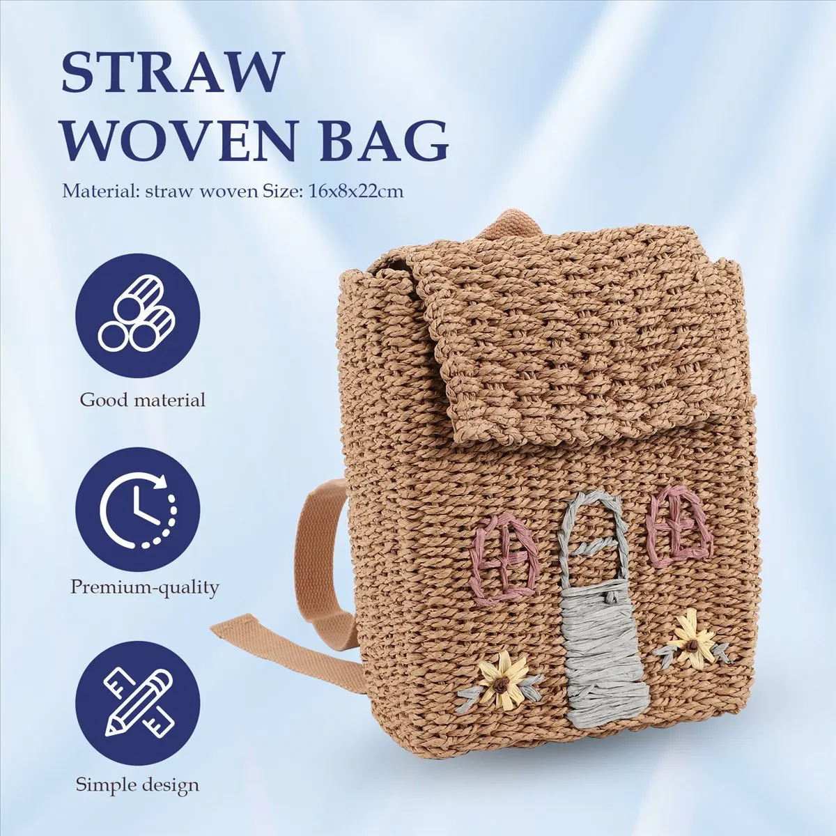 ABQR strogeweven tas met dubbele schouder Kinderrugzak Strogeweven tas Studentenschooltas met handdragende geweven rugzak