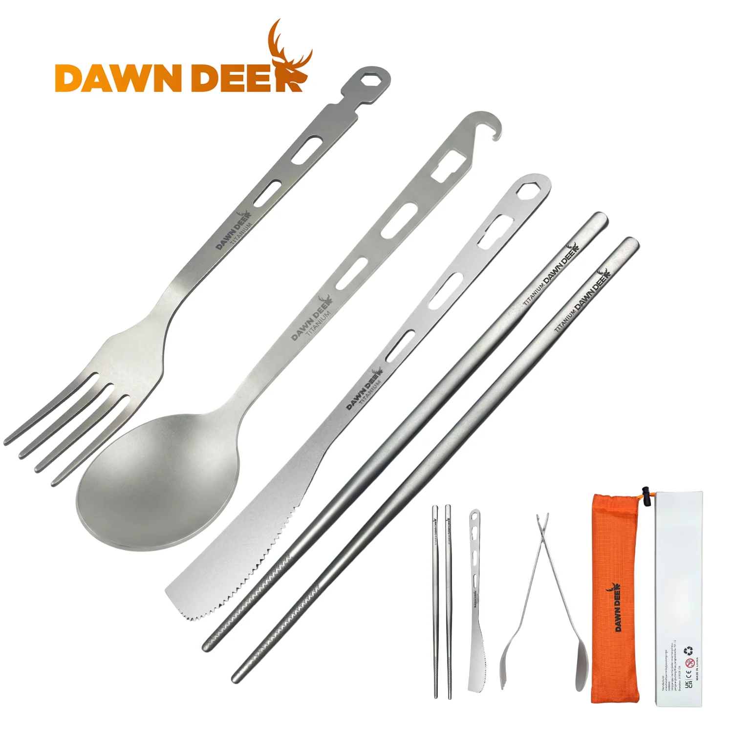 DAWN DEER Titanium 4pcs Camping Cutlery Set Knife Fork Chopsticks Spoon Portable Ultralight Outdoor Tableware Kit Utensil