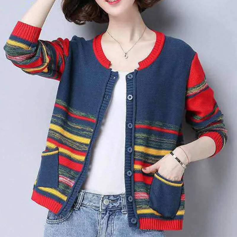 Y2K Women\'s Cardigans Knitted Sweaters Autumn Winter Fashion Female Button Striped Loose Vintage Casual Long Sleeve Coats Tops